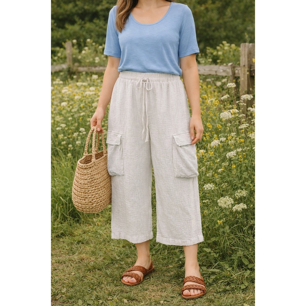 mi ami Cargo Pants Women Medium White Cotton Gauze Wide Leg Coastal Cottagecore
